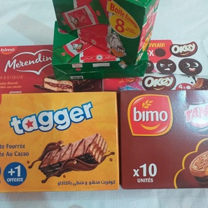 Best Moroccan snacks box: Bimo, Tonic Tagger Merendina Henrys Okey Tango, Crunchy Cookies and all Moroccan snacks that only found in Morocco