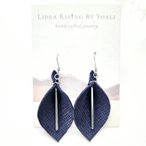 Boho Leaf Dangle Earrings in Navy Blue Leather