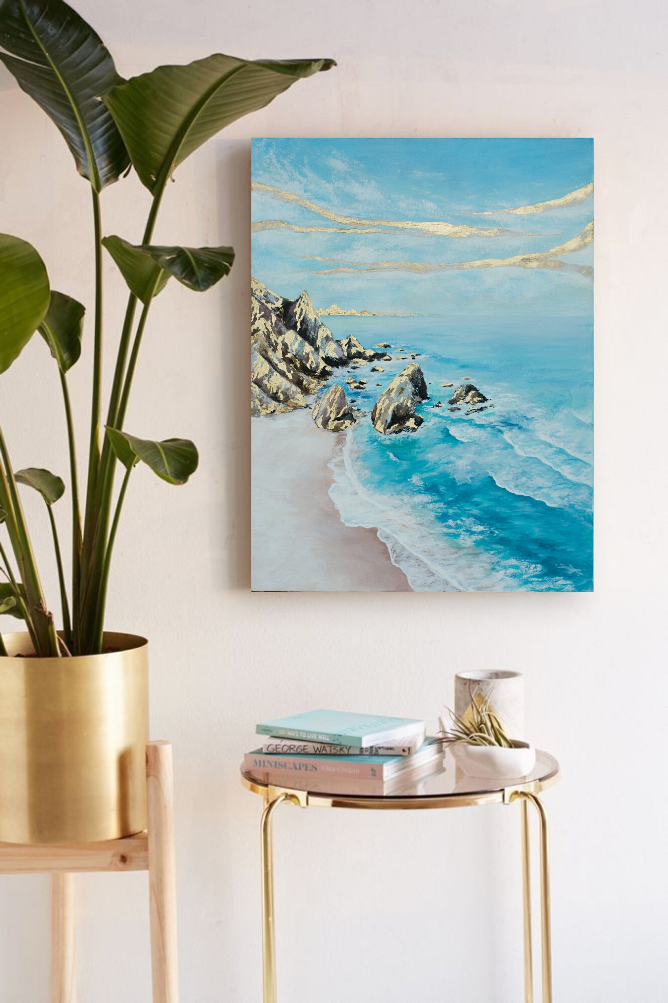 Gold Seascape Painting, Original Sea Oil Painting on Canvas, Blue Ocean ...