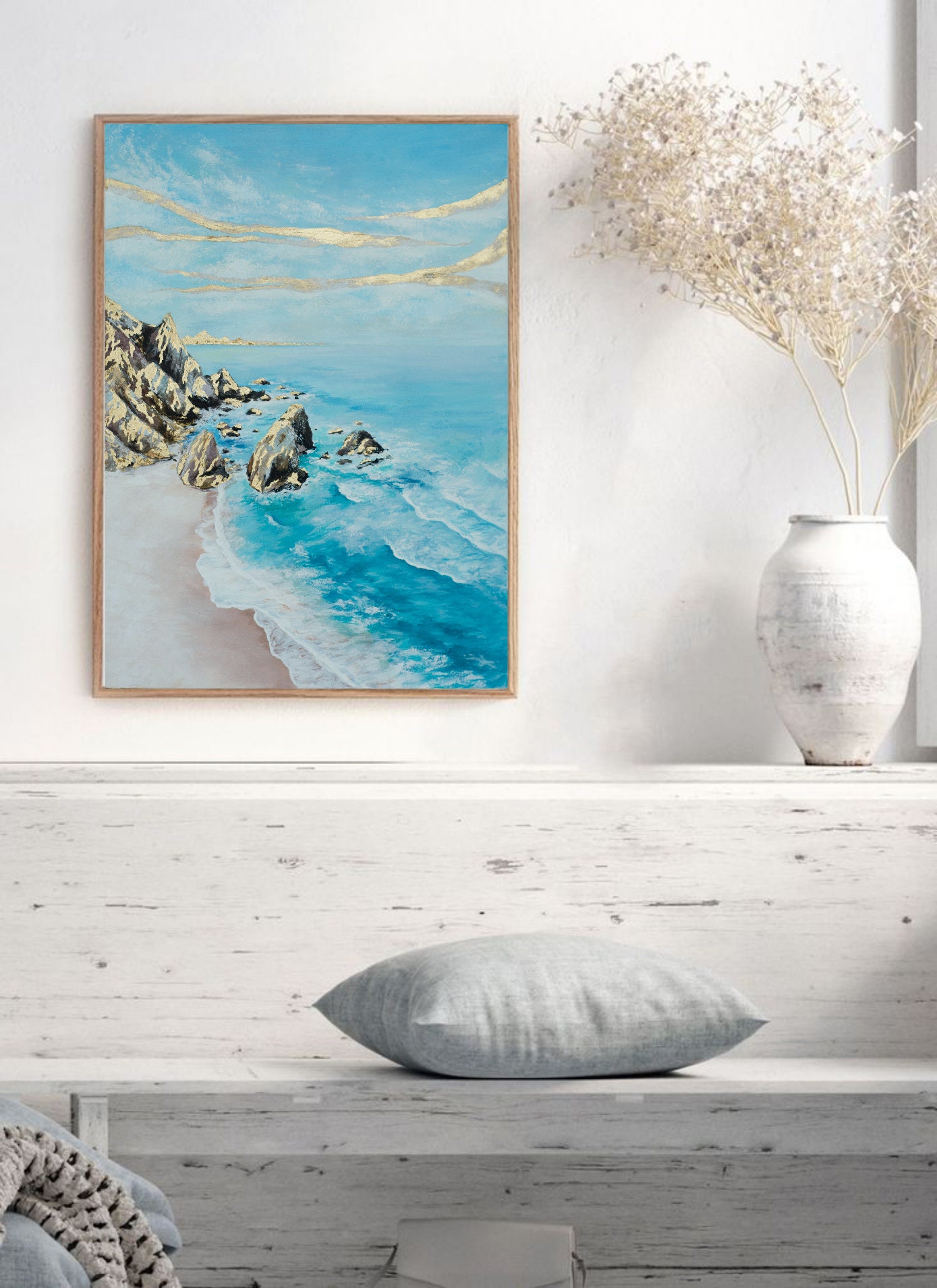 Gold Seascape Painting, Original Sea Oil Painting on Canvas, Blue Ocean ...