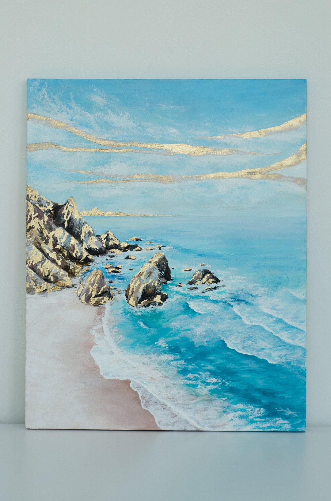 Gold Seascape Painting, Original Sea Oil Painting on Canvas, Blue Ocean ...