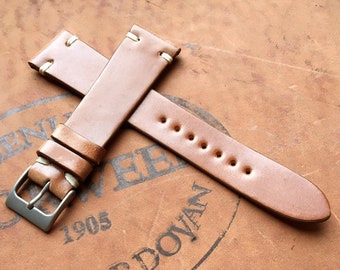Horween Shell Cordovan Leather Watch Band Strap Natural Tan Color Vintage 2 Side Stitch Contrast White Stitching - 22mm 20mm 19mm 18mm