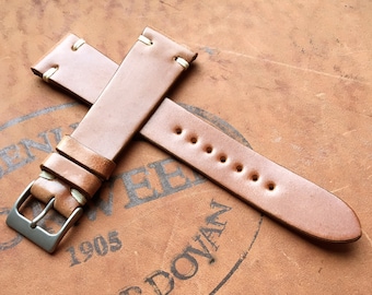 Natural Tan Horween Shell Cordovan Leather Watch Band Strap Vintage 2 Side Stitch Contrast White Stitching - 22mm 20mm 19mm 18mm
