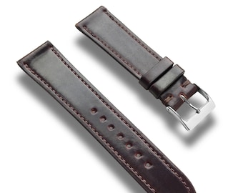 20mm Horween Shell Cordovan Leather Watch Band Strap in Oxblood (Color #8) - Slim Style With Matching Stitch and Zermatt Leather Lining