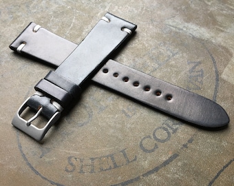 Black Horween Shell Cordovan Leather Watch Band Strap - Vintage 2 Side Stitch Style With Contrast White Stitch 22mm, 20mm, 19mm, 18mm