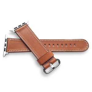Light Brown Novonappa French Calfskin Handmade Watch Strap With White Stitching for Apple Watch Series 3 4 5 6 7 8 SE Ultra