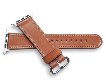 Light Brown Novonappa French Calfskin Handmade Watch Strap With White Stitching for Apple Watch Series 3 4 5 6 7 8 SE Ultra