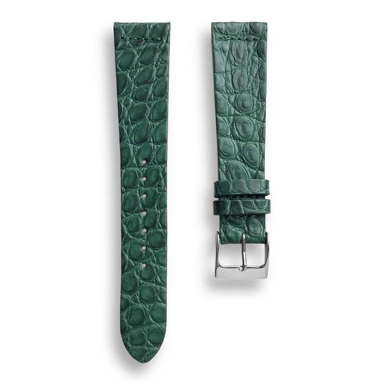May include: A green leather watch strap with a crocodile pattern.