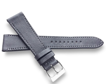Dark Gray Verona Leather Watch Strap With Matching Stitch Natural Grain Slight Distressed 22mm, 20mm, 19mm, 18mm - Quick Release Spring Bars