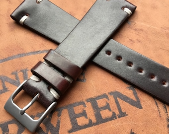 Color #8 (Oxblood) Horween Shell Cordovan Leather Watch Band Strap  Vintage 2 Side Stitch Contrast White Stitching 22mm 20mm 19mm 18mm