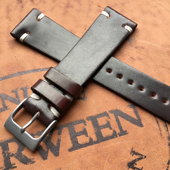 Color 8 oxblood Horween Shell Cordovan Leather Watch Band Strap Vintage 2 Side Stitch Contrast White Stitching 22mm 20mm 19mm 18mm Etsy Australia