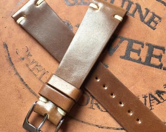 Whiskey Horween Shell Cordovan Leather Watch Band Strap Vintage 2 Side Stitch Contrast White Stitching - 22mm 20mm 19mm 18mm