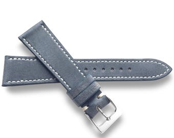 Stormy Blue Veg Tan Leather Watch Strap – Top Grain, White Stitch, Handmade in USA