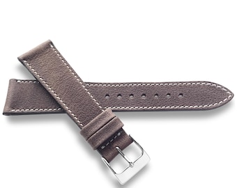 Dark Brown Veg Tanned Top Grain Textured Leather Watch Strap With White Stitching - Quick Release Spring Bars - 22mm, 20mm, 19mm, 18mm