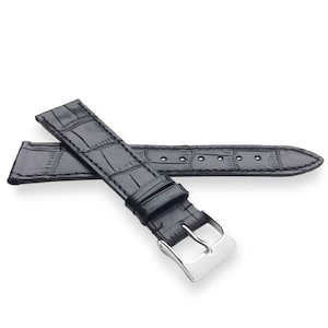 Black Alligator Grain Leather Watch Band Strap Slim Style With Match Stitch in 22mm, 21mm, 20mm, 19mm, 18mm, 17mm, 16mm