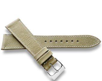 Olive Green Veg Tanned Top Grain Textured Leather Watch Strap With White Stitching - Quick Release Spring Bars - 22mm, 20mm, 19mm, 18mm