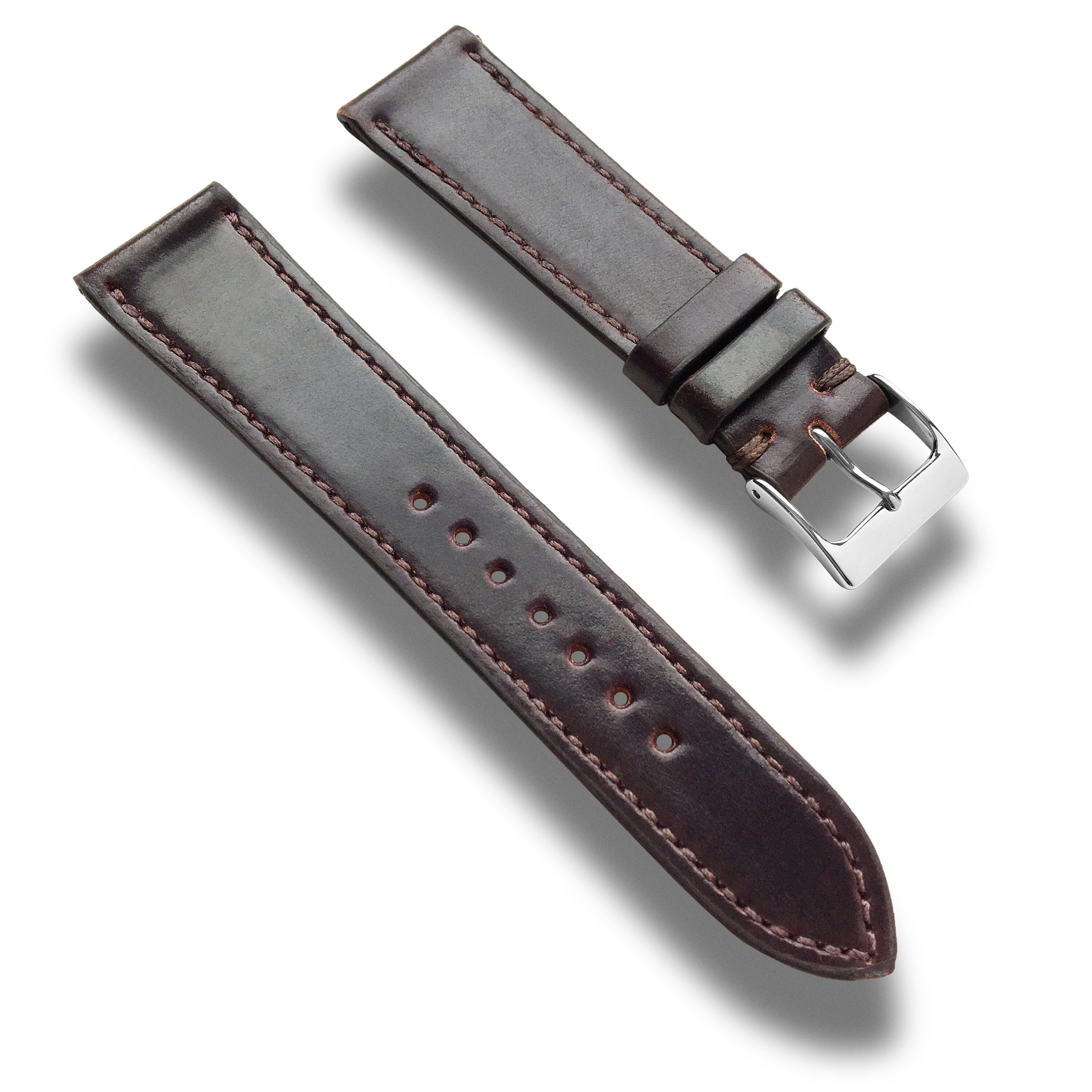 20mm Slim Horween Shell Cordovan Leather Watch Band Strap - Oxblood Color #8 - Matching Stitch