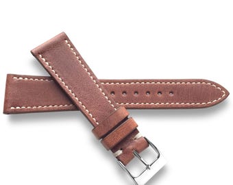 Red Clay Veg Tan Leather Watch Strap – Top Grain, White Stitch, Handmade in USA