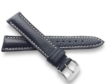 Black Genuine Buffallo Leather Watch Band Strap Padded With White Stitch in 24mm, 22mm, 20mm, 29mm, 18mm