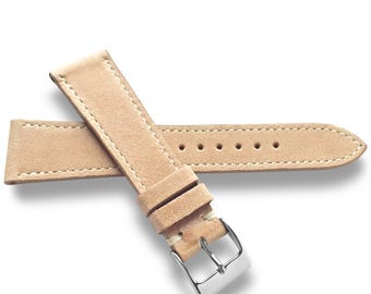 Beige Tan Veg Tanned Leather Watch Strap – Top Grain, White Stitch, Handmade in USA