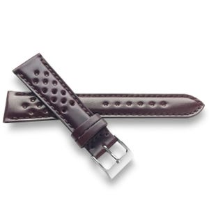 May include: A brown leather watch strap with a silver buckle. The strap has a textured surface and is designed for a watch with a 20mm lug width.