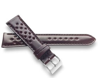 Color 8 Oxblood Horween Shell Cordovan Leather Watch Strap Matching Stitch Rally Style In 22mm, 20mm, 19mm, 18mm - Quick Release Spring Bars