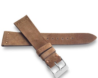 Tobacco Brown English Suede Leather Watch Strap With Kangaroo Lining - Handmade in USA