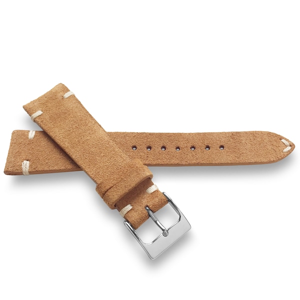 Tan Suede Italian Two-Side Stitch Naturally Textured Leather Watch Band Strap 22mm, 20mm, 19mm, 18mm  -  Quick Release Spring Bars