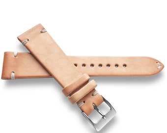 Rugged Undyed Natural Artisan Handmade and Hand Distressed Leather Watch Band Strap With Vintage Two Side Stitch
