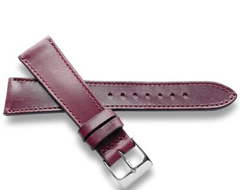 Burgundy Oak Tanned Leather Watch Strap With Matching Stitch - Quick Release Spring Bars - 22mm, 20mm, 19mm, 18mm
