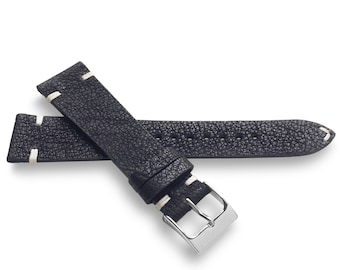 Black Textured Vintage Italian Two-Side Stitch Top Grain Leather Watch Band Strap 22mm, 20mm, 19mm, 18mm -  Quick Release Spring Bars