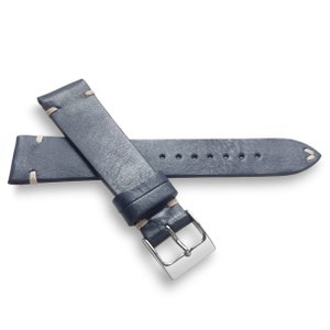 Stormy Blue Vintage Italian Two-Side Stitch Top Grain Leather Watch Strap 22mm, 20mm, 18mm, 19mm -  Quick Release Spring Bars