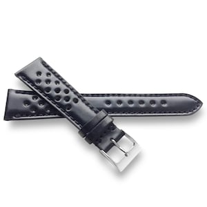May include: Black leather watch strap with a perforated design and a silver buckle.