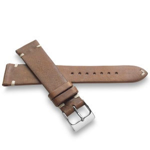 Mid Brown Distressed Italian Two-Side Stitch Naturally Textured Leather Watch Band Strap 22mm, 20mm, 19mm, 18mm -  Quick Release Spring Bars