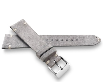 Gray Suede Italian Two-Side Stitch Naturally Textured Leather Watch Band Strap 22mm, 20mm, 19mm, 18mm -  Quick Release Spring Bars