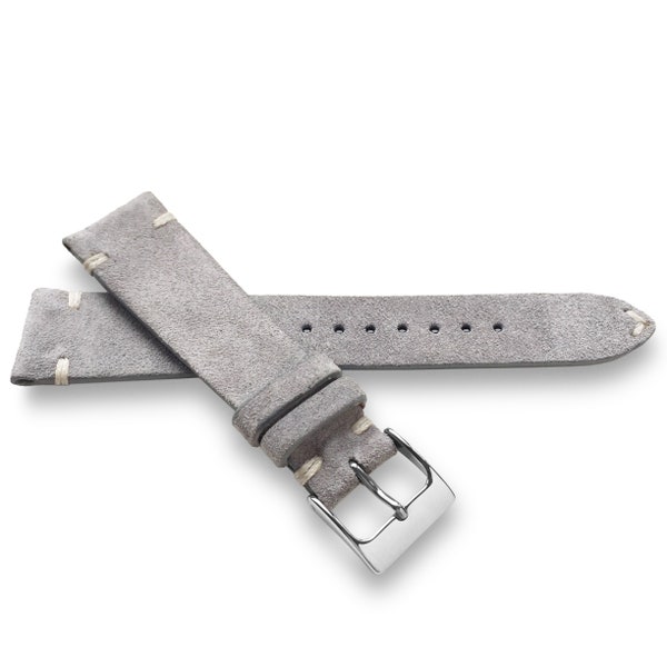 Gray Suede Italian Two-Side Stitch Naturally Textured Leather Watch Band Strap 22mm, 20mm, 19mm, 18mm -  Quick Release Spring Bars