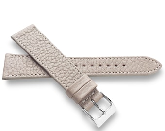 Bracelet de montre en cuir texturé espagnol taupe clair avec doublure zermatt et surpiqûres contrastées blanches - Fin - 20 mm, 19 mm, 18 mm