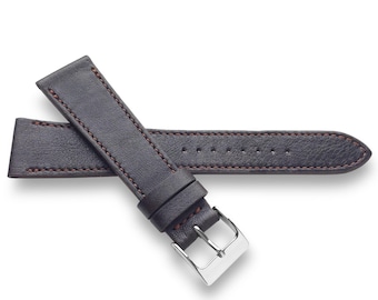 Dark Brown Verona Leather Watch Strap With Match Stitch natural grain slightly distressed 22mm, 20mm, 19mm, 18mm - Quick Release Spring Bars