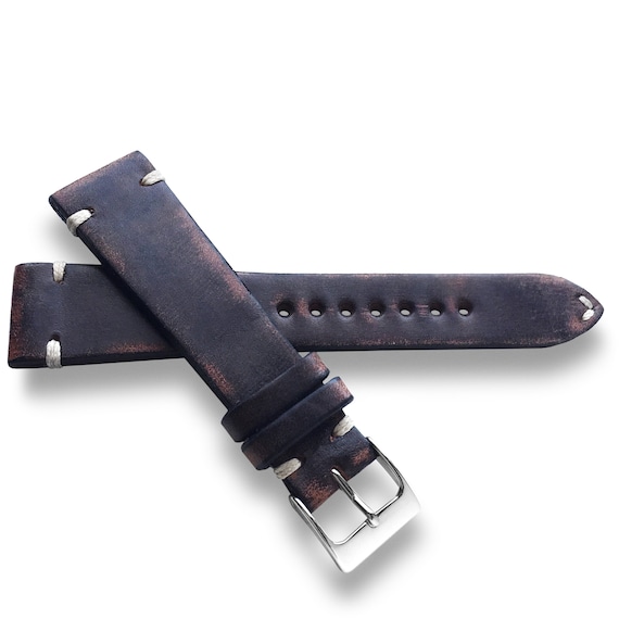 Rugged Artisan Handmade and Hand Distressed Leather Watch Band Strap With Vintage Two Side Stitch