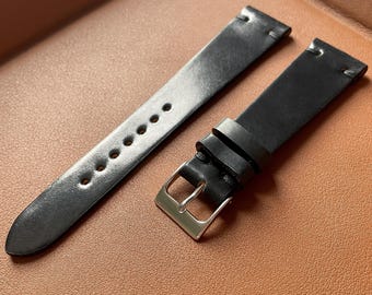 Black Horween Shell Cordovan Watch Band with Matching Vintage Side Stitch