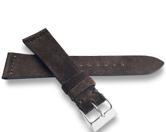 Dark Brown English Suede Leather Watch Strap With Kangaroo Lining - Handmade in USA