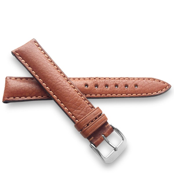 Light Brown Genuine Buffallo Leather Watch Band Strap Padded With Matching Stitch in 24mm, 22mm, 20mm, 29mm, 18mm