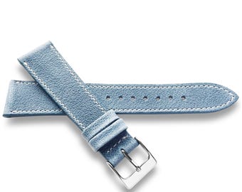 Denim Blue Veg Tanned Top Grain Textured Leather Watch Strap With White Stitching - Quick Release Spring Bars - 22mm, 20mm, 19mm, 18mm