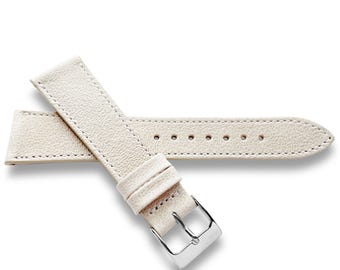 Light Beige Veg Tanned Top Grain Textured Leather Watch Strap With White Stitching - Quick Release Spring Bars - 22mm, 20mm, 19mm, 18mm