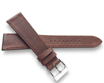 Mid Brown Verona Leather Watch Strap With Matching Stitch Natural Grain Slight Distressed 22mm, 20mm, 19mm, 18mm - Quick Release Spring Bars