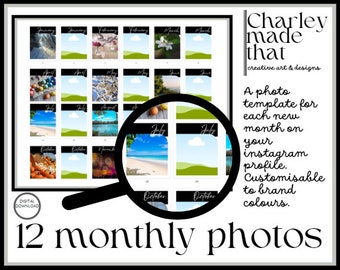 12 Months Canva Templates for Instagram Feed. Portrait mode. Editable for your own brand colours, fonts and style. or ready to use.