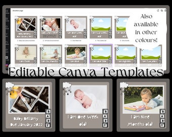 Baby Milestone Instagram Post digital frames - canva templates. Square posts. Gender neutral - Grey. Editable baby announcements. Baby album