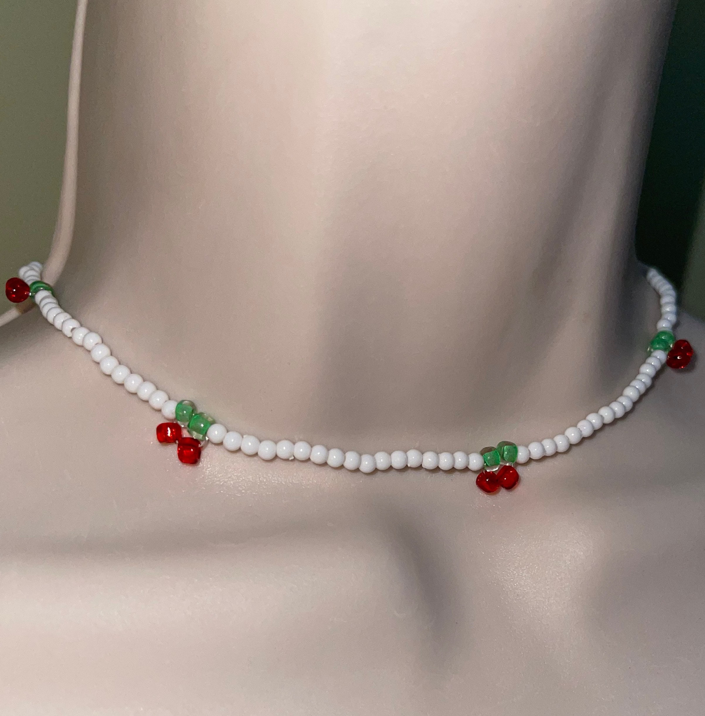 White Cherry Beaded Necklace Simple Green Red White Beads Etsy UK