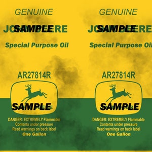 May include: A green and yellow label with the text "GENUINE JOSAMBEERE Special Purpose Oil AR27814R" and a deer logo. The label also includes the text "DANGER: EXTREMELY Flammable Contents under pressure Read warnings on back label One Gallon".
