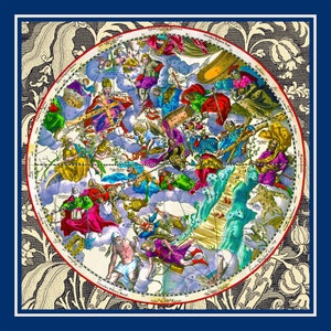 Pañuelo de bolsillo de satén de seda multicolor inspirado en un mapa antiguo de un hemisferio celestial cristianizado
